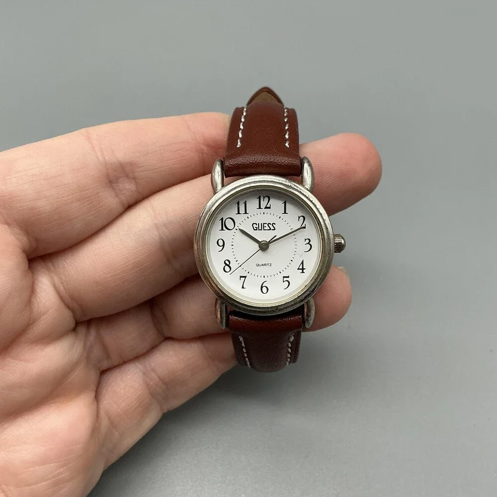 Vintage Guess Womens Watch 25mm Silver Tone White Dial Brown Leather New Battery